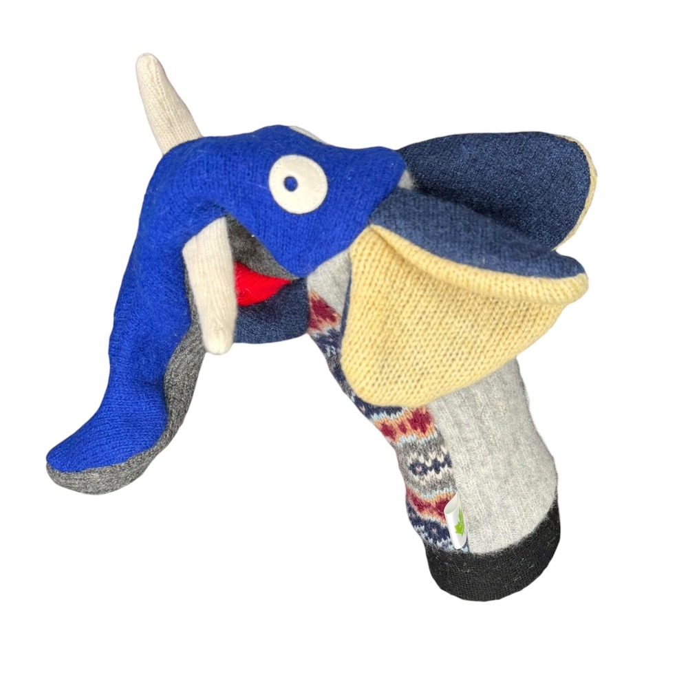 CATE & LEVI Handmade Elephant Hand Puppet Blue Patchwork Upcycled Wool Knit